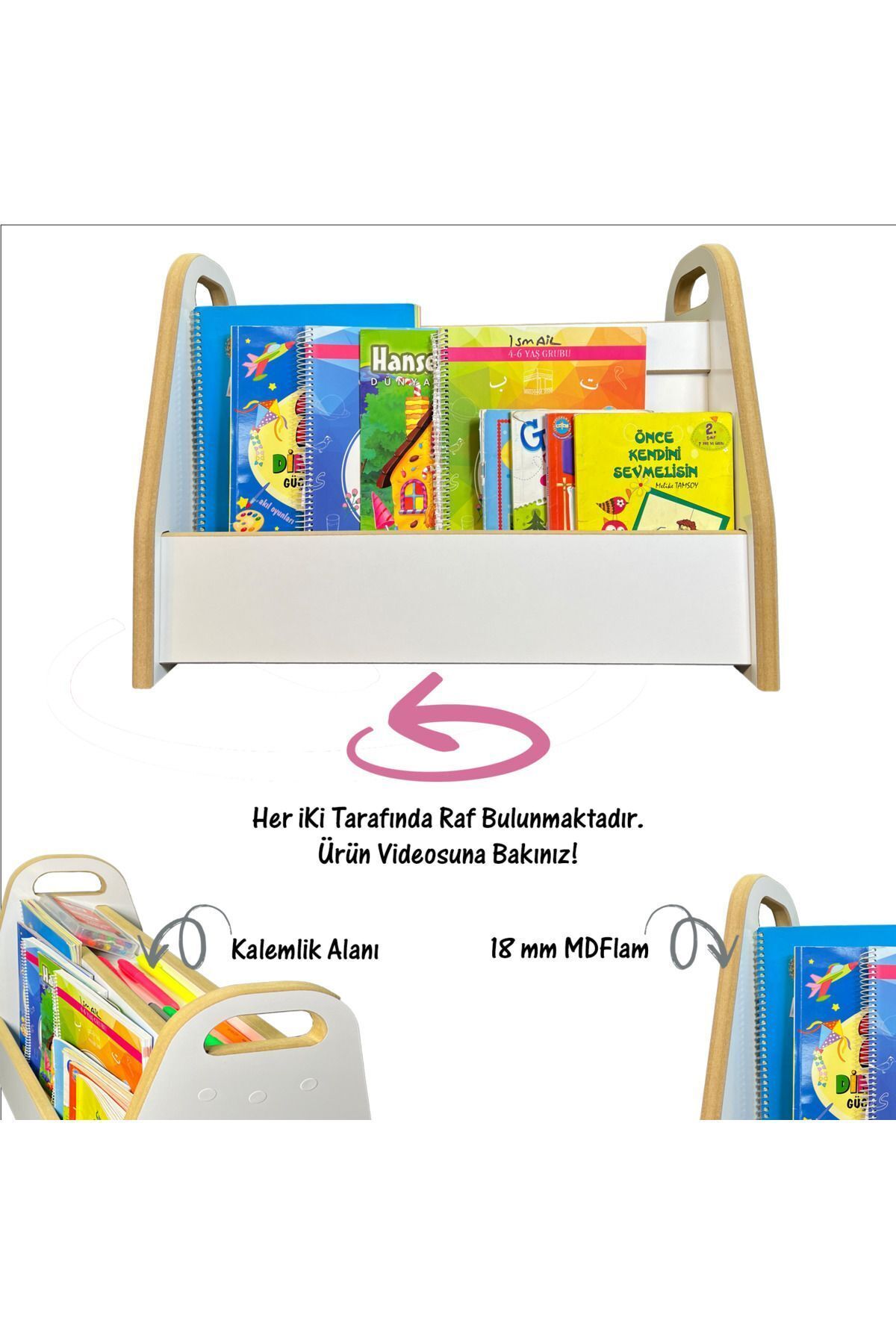 Melis 2 Raflı Kitaplık - Montessori Kitaplık, İki Taraflı Sandık Kitaplık, Çocuklar İçin Kitaplık